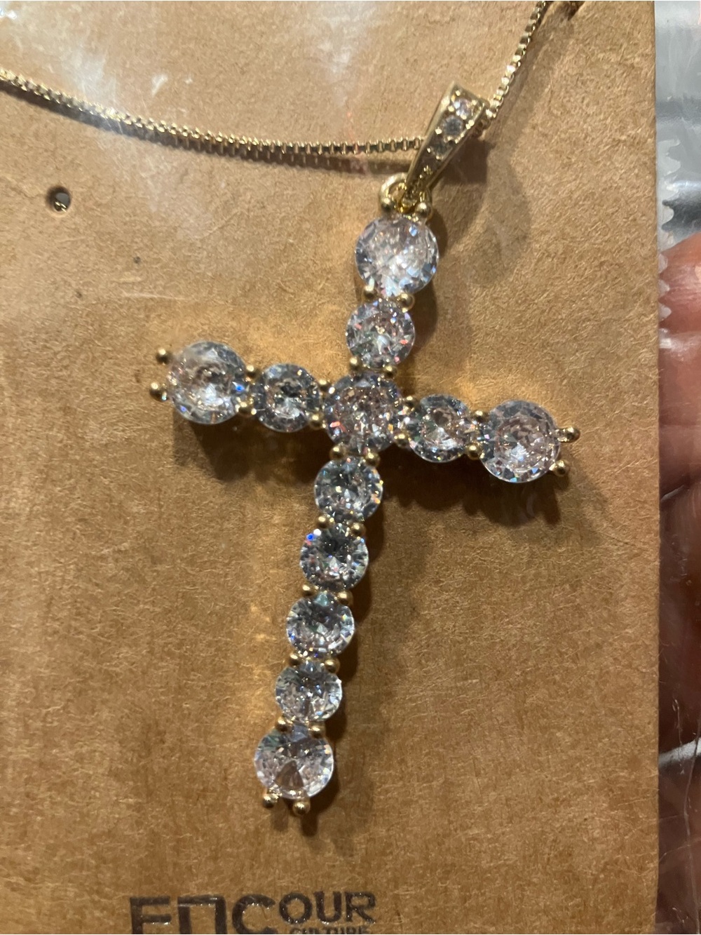 Gold Cross Pendant Necklace with Clear Round Cubic Zirconia